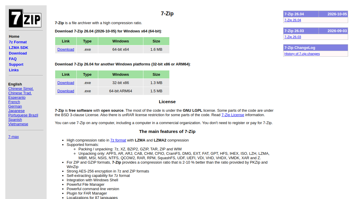 7-Zip 官方网站页面预览图